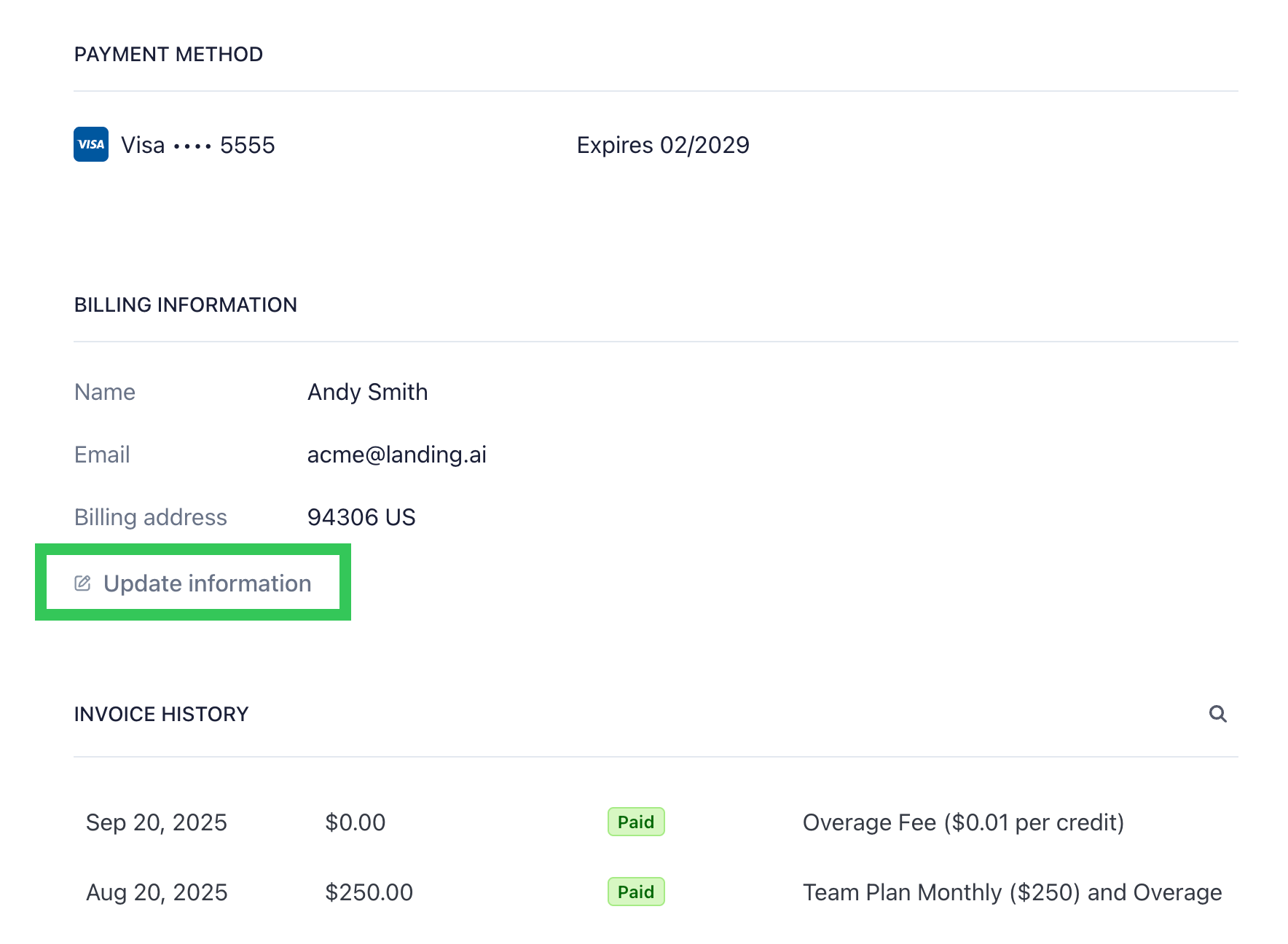 Update Billing Information