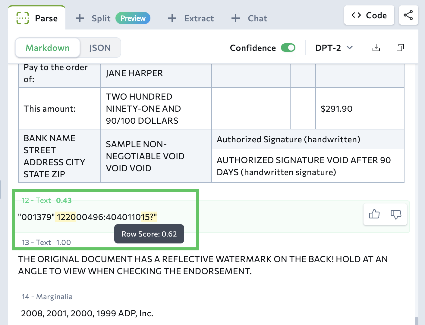 Low confidence score