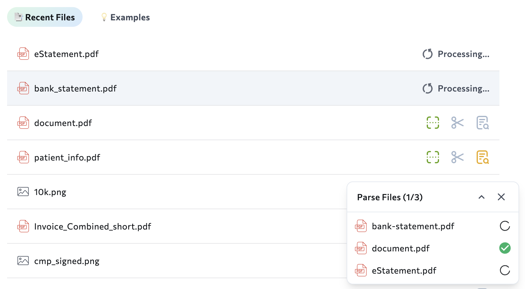 Parsing status dialog showing upload progress