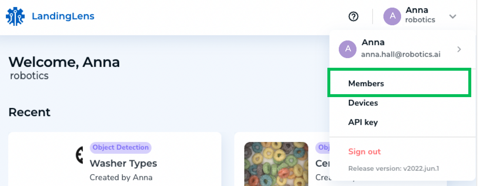 Members in the User Menu