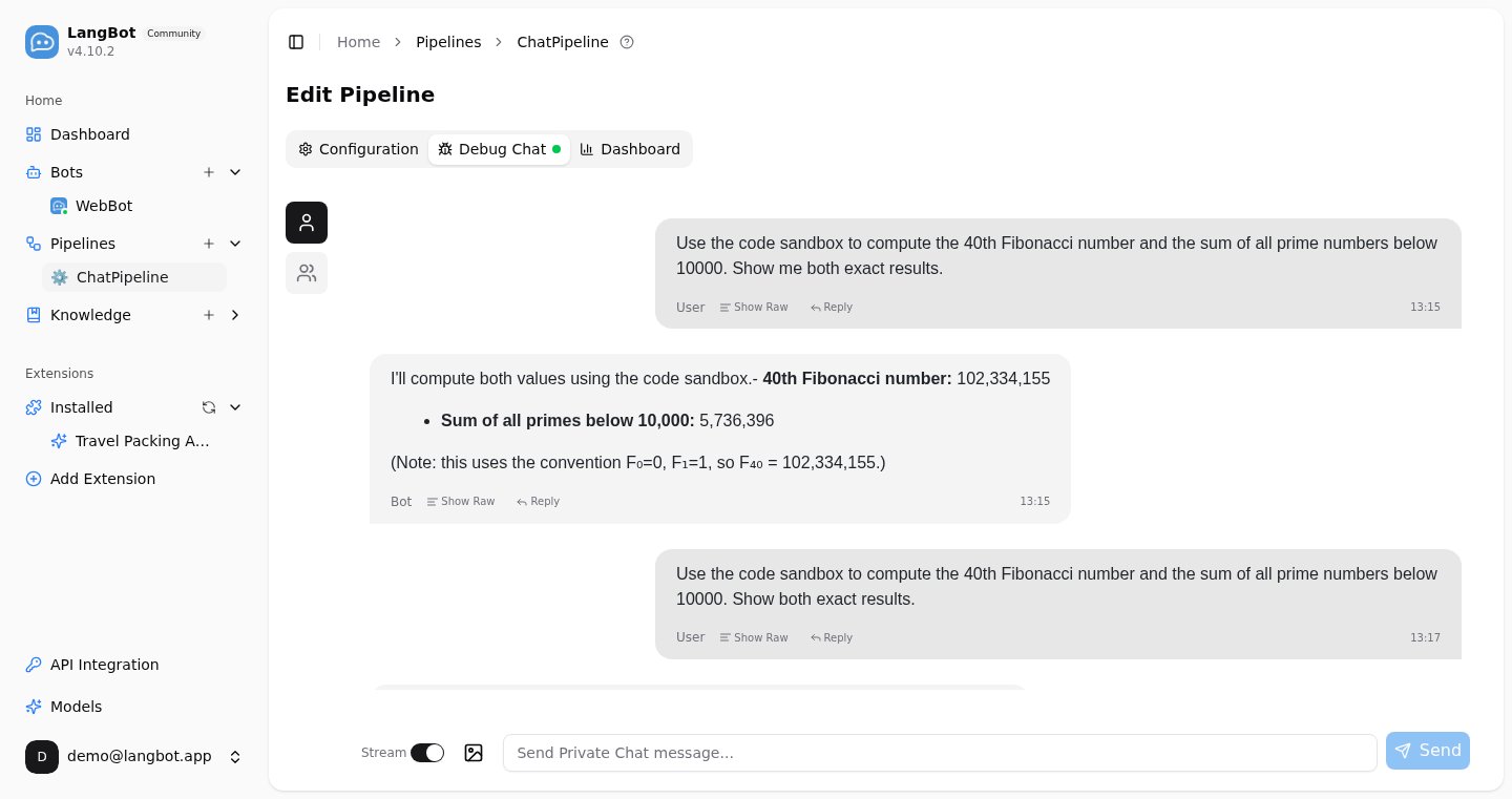 LangBot built-in Agent calling the code sandbox: executing Python in real time for exact computation