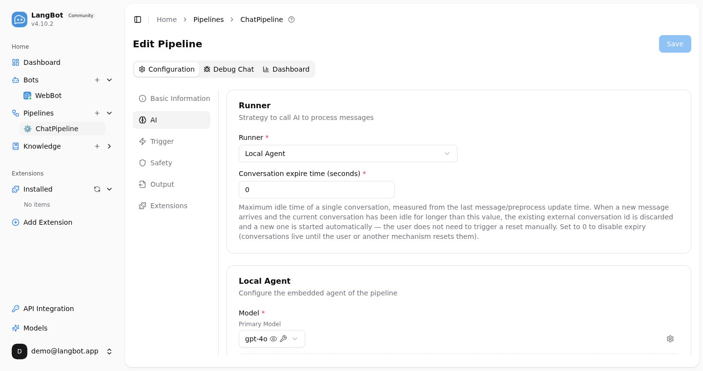 LangBot pipeline AI configuration: choose the built-in Agent runner and primary model