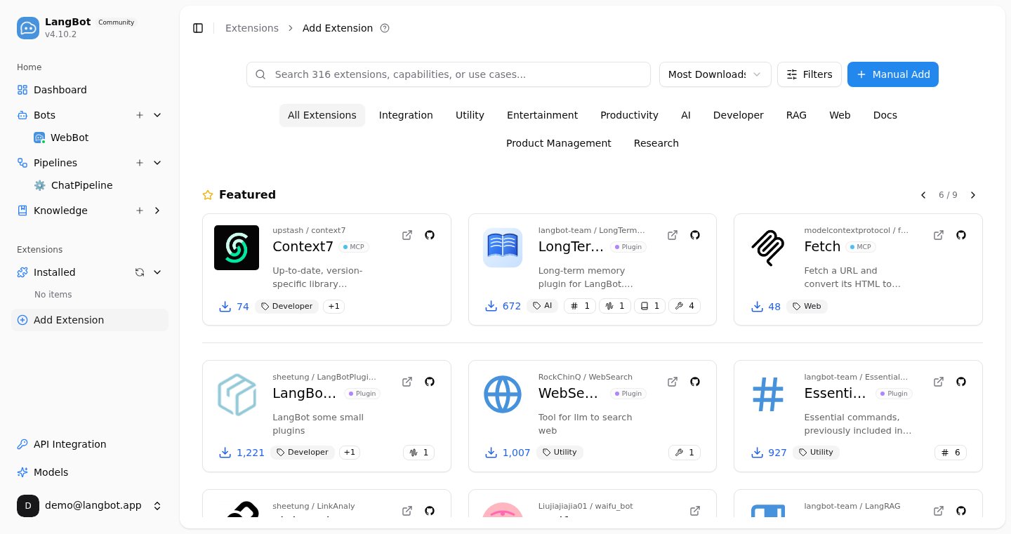 LangBot extension marketplace: one-click install for hundreds of community plugins and MCP tools