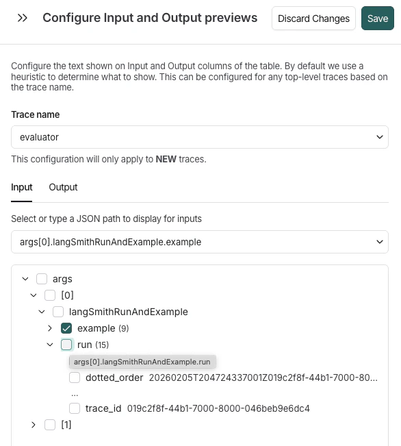 Configure Input and Output previews side panel showing the tree view of trace data structure