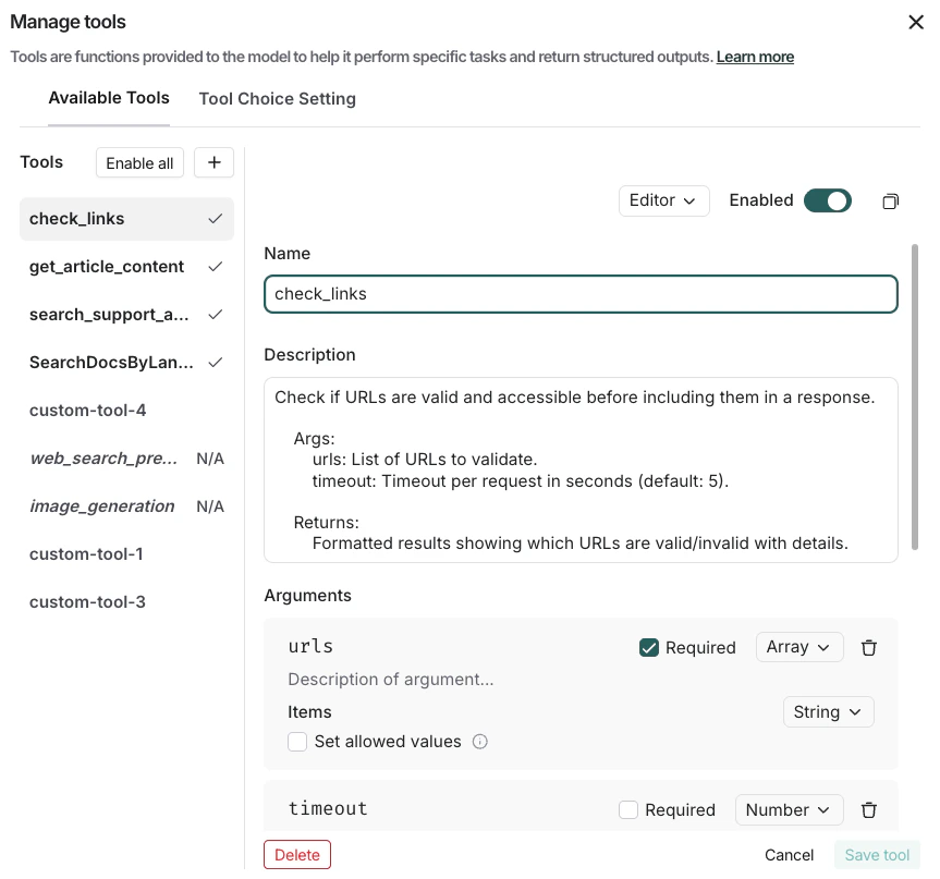 Manage tools with a list of available tools, Enabled switch, and edit functionality.