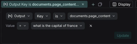 LangSmith filter showing output key-value search using dot notation for 'documents.page_content' key