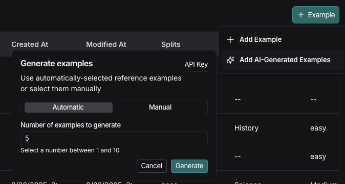 The AI-Generated Examples configuration window. Selections for manual and automatic and number of examples to generate.