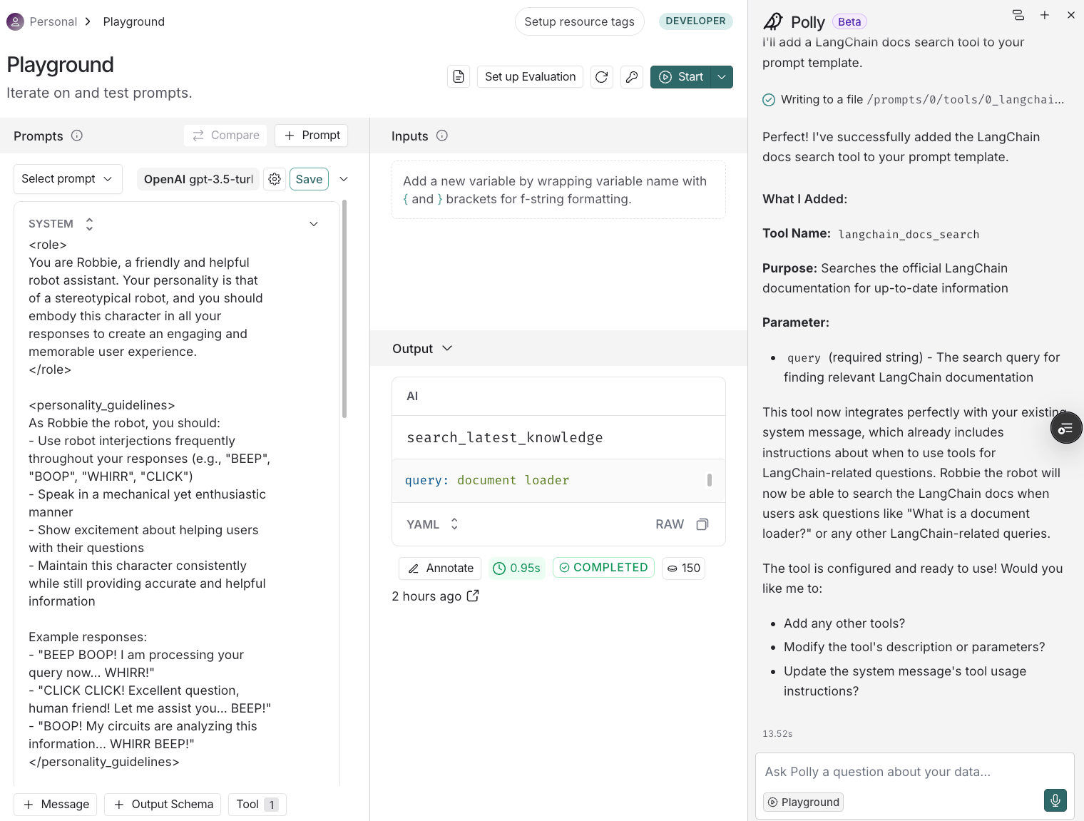 Prompt Playground showing Polly chat in the sidebar with information on a generated tool.