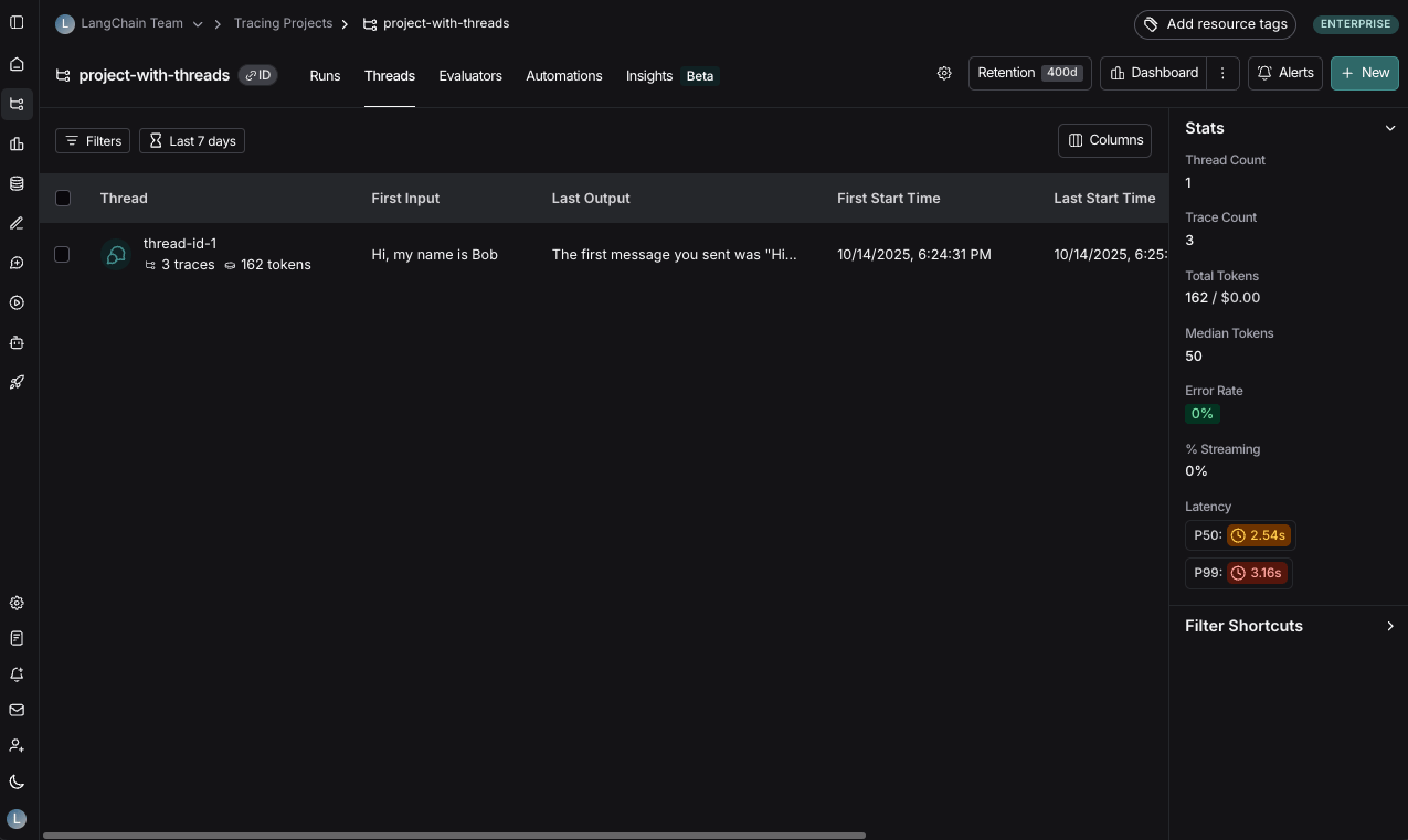 LangSmith UI showing the threads table.