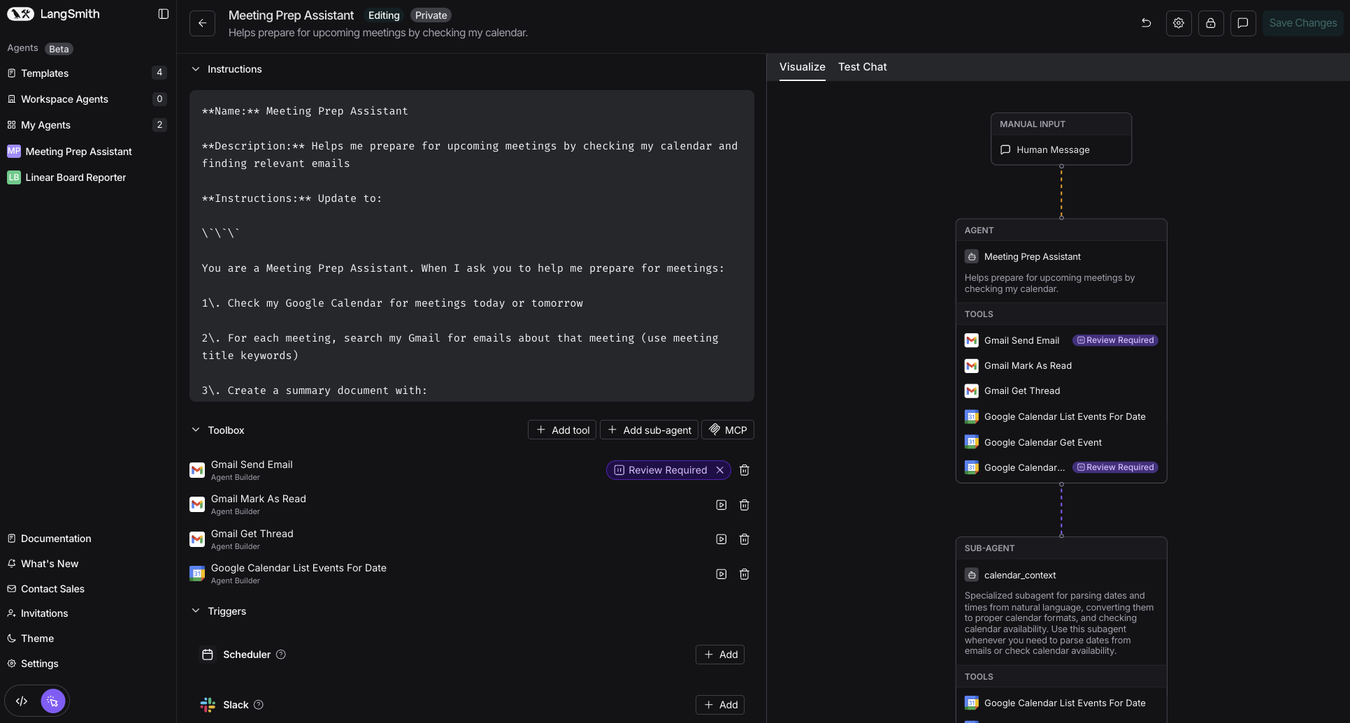 Agent in edit mode with a visualization and options to add tools, sub-agents, and triggers.