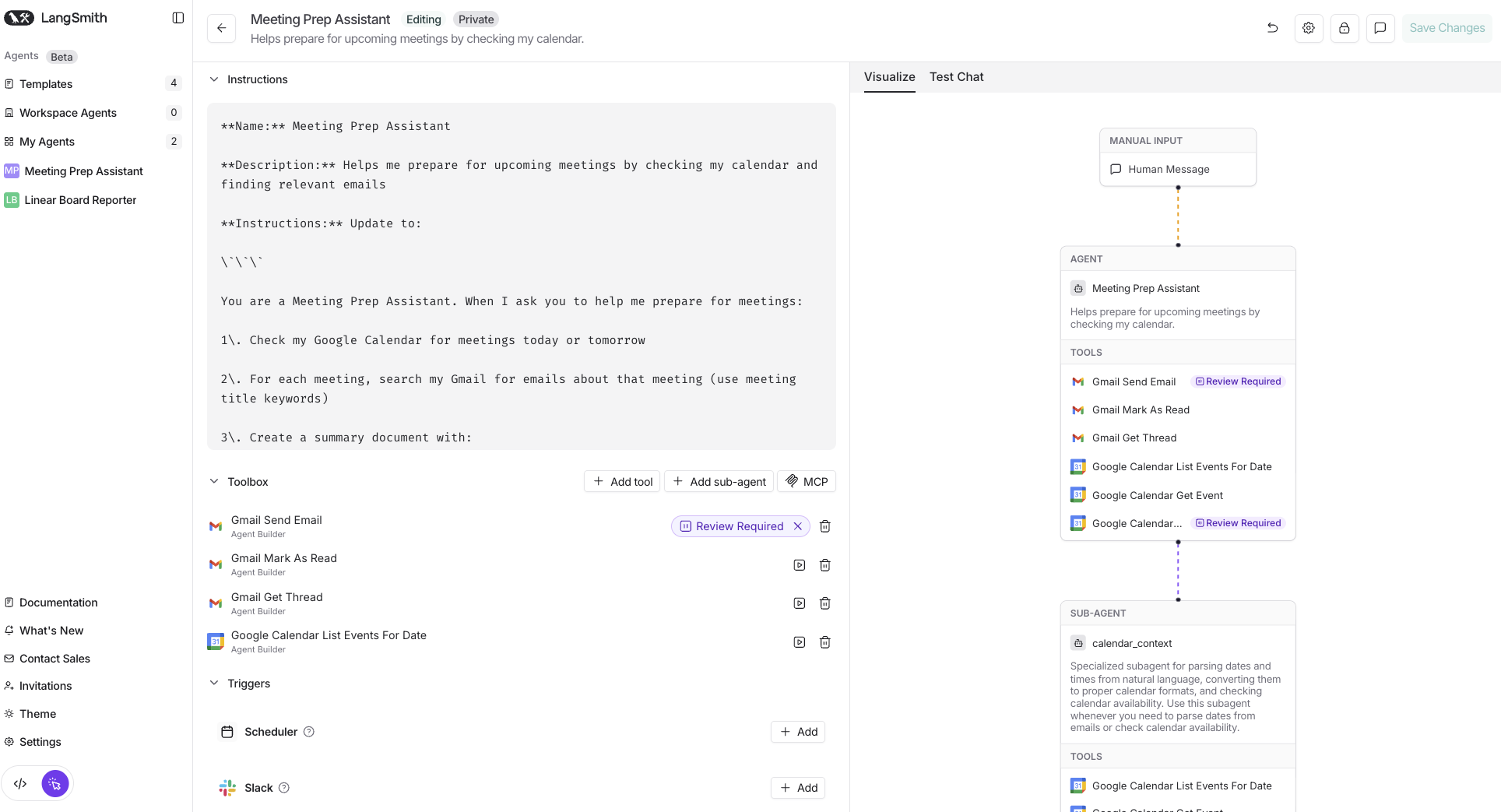 Agent in edit mode with a visualization and options to add tools, sub-agents, and triggers.