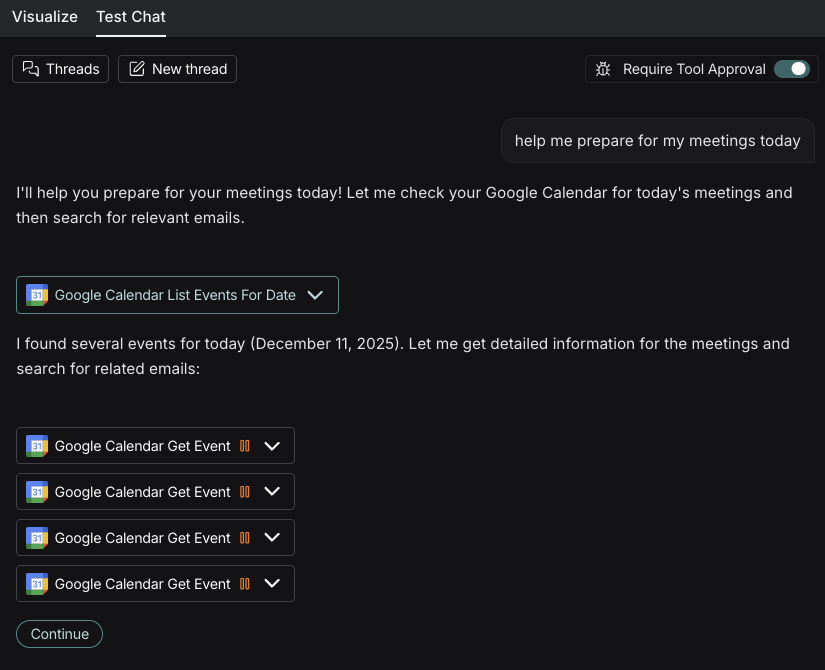 Test chat output view with response including approvals for Gmail tool.