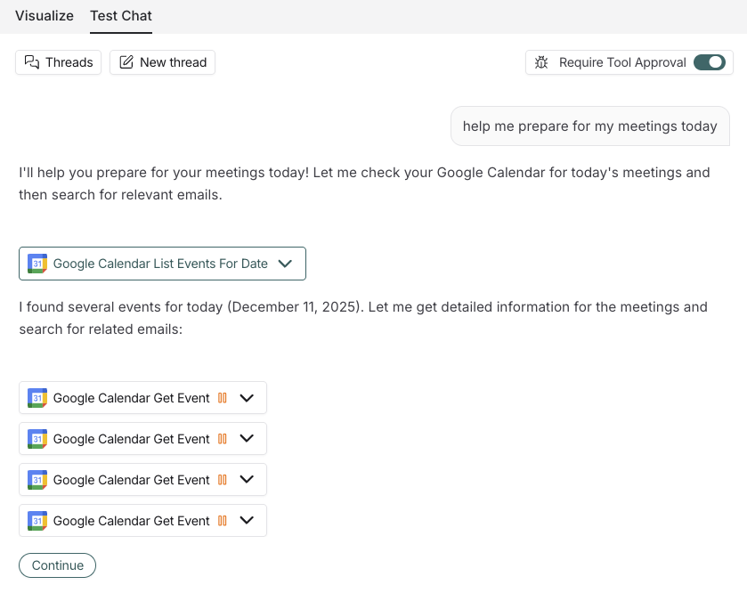 Test chat output view with response including approvals for Gmail tool.