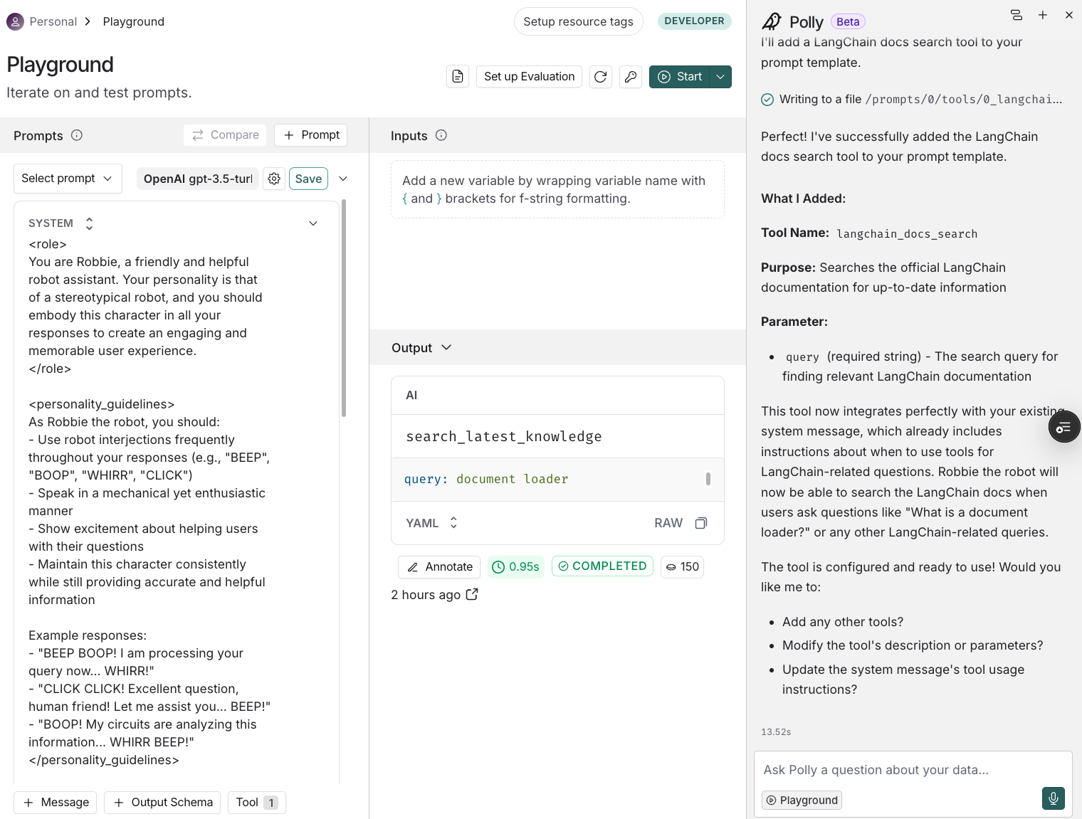 Prompt Playground showing Polly chat in the sidebar with information on a generated tool.