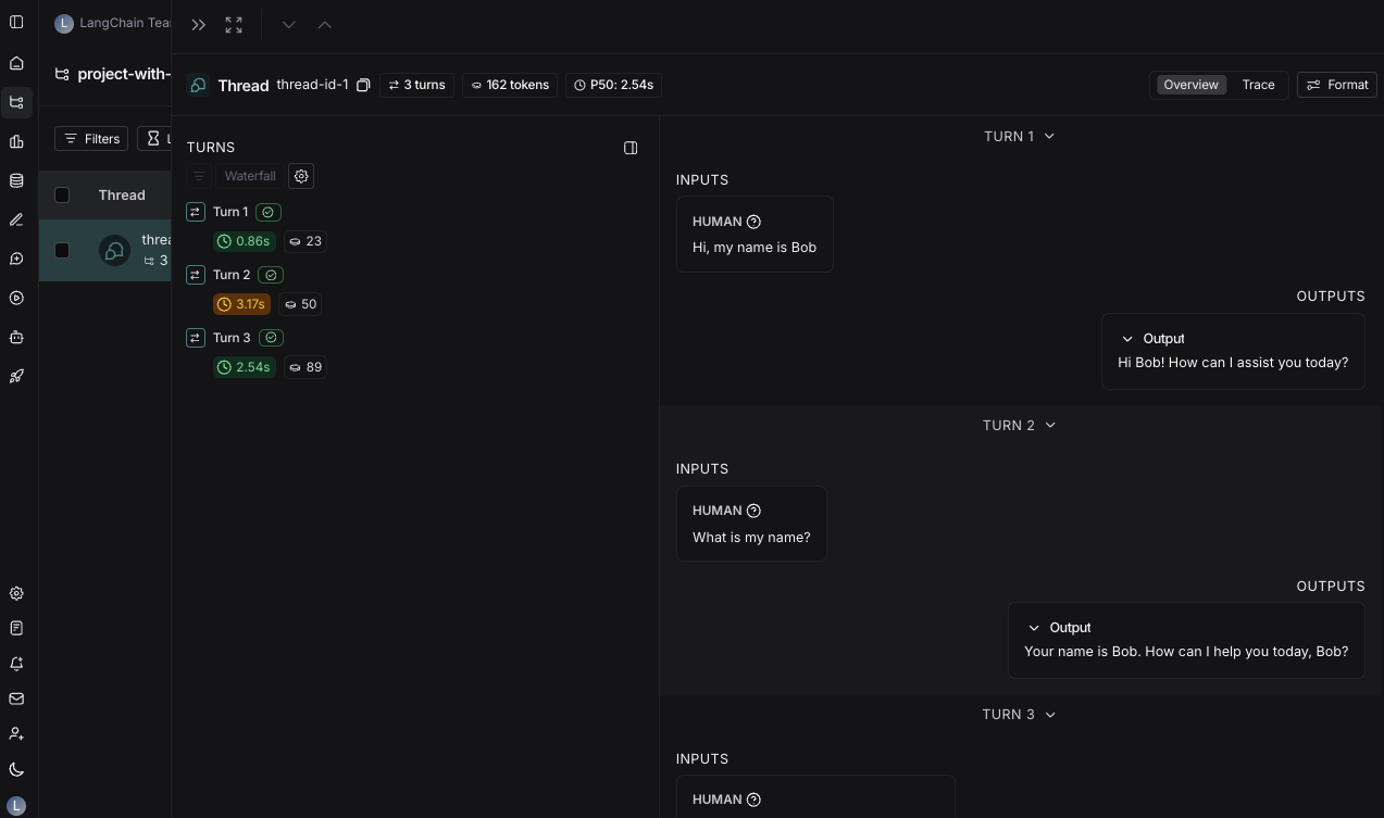 LangSmith UI showing the threads table.