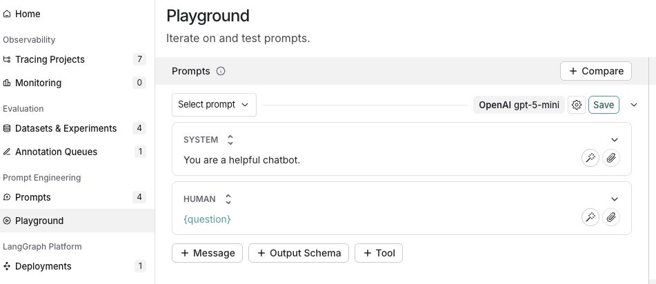 Prompt playground with the system prompt ready for editing.