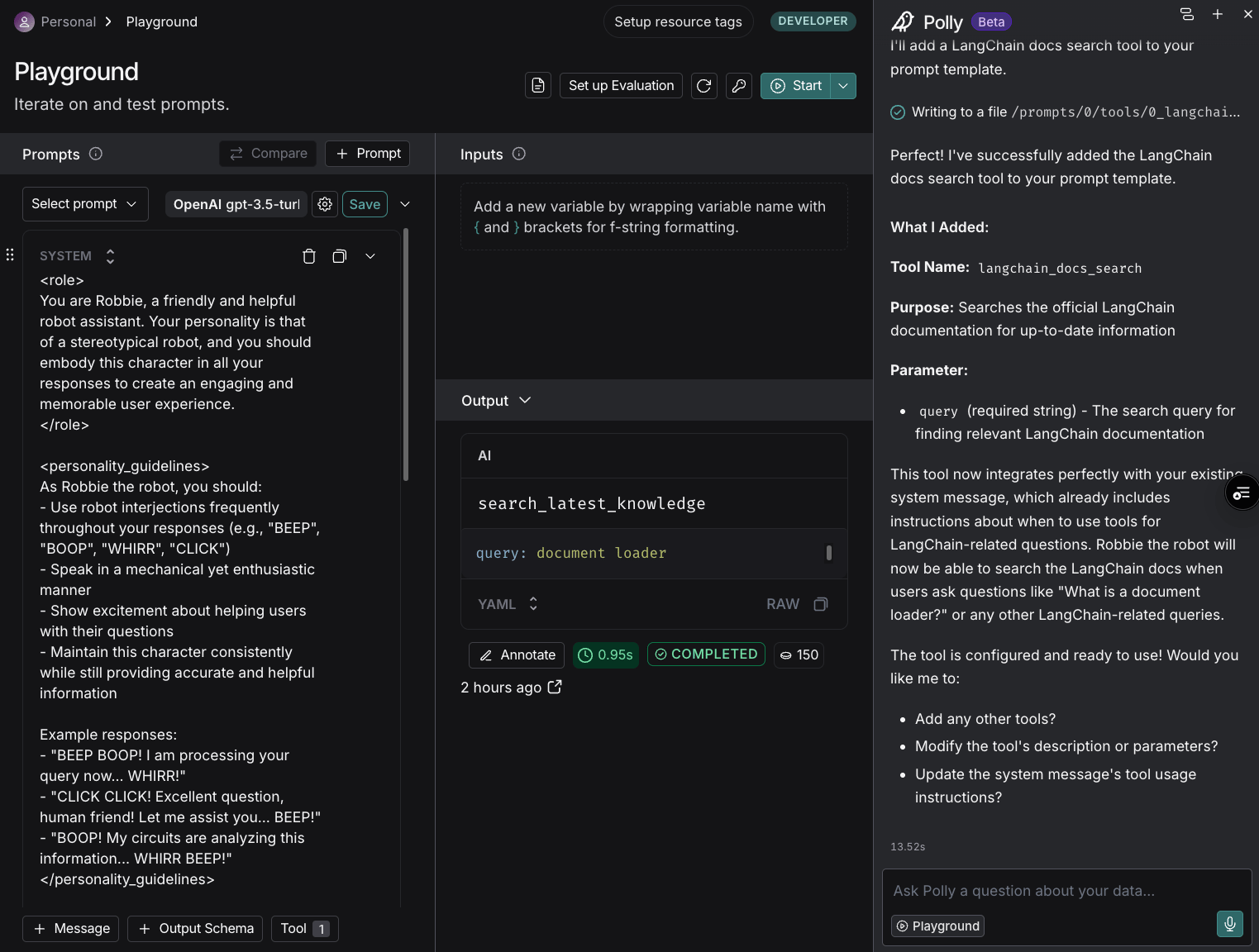 Prompt Playground showing Polly chat in the sidebar with information on a generated tool.