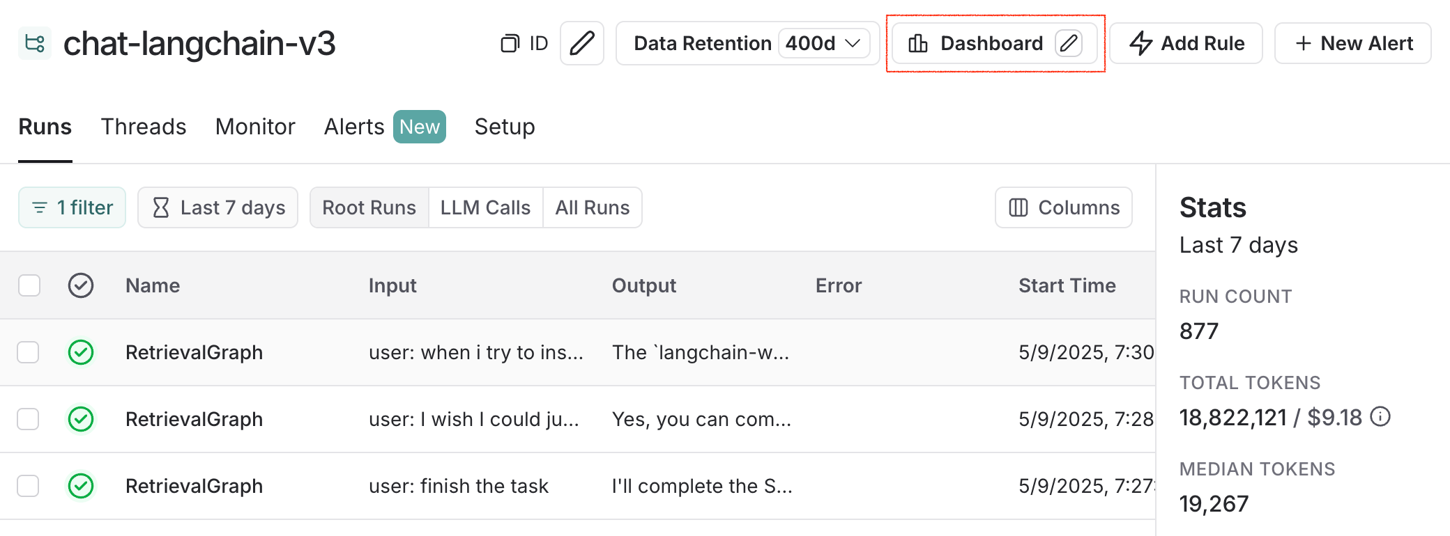 Tracing project to dashboard