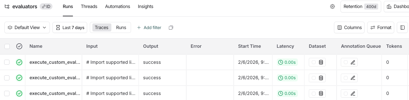 Runs table showing the Format button at the top to configure input and output previews