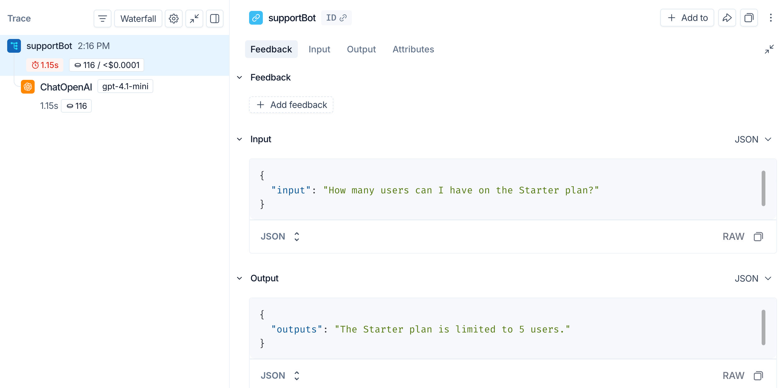 LangSmith UI showing a trace with an outer application span and a nested LLM call span.
