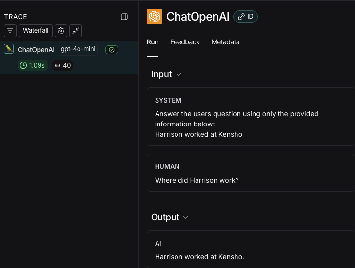LangSmith UI showing an LLM call trace called ChatOpenAI with a system and human input followed by an AI Output.
