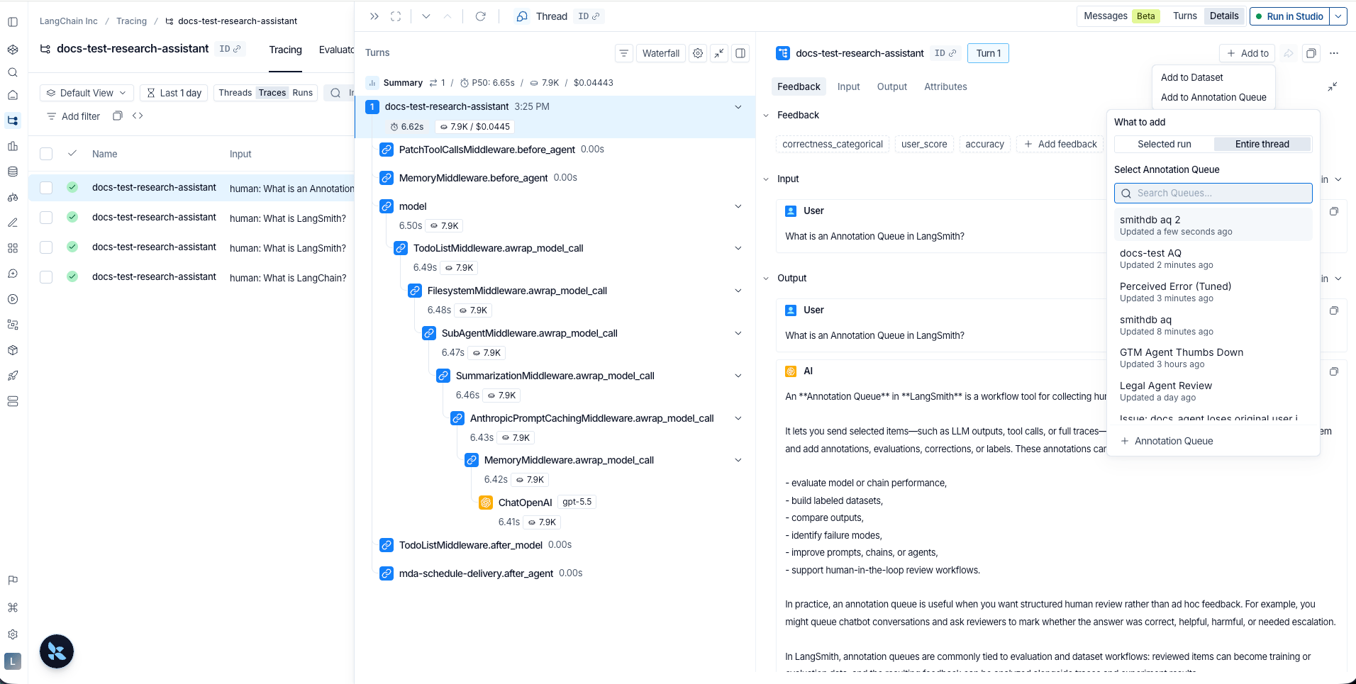 Add to Annotation Queue popover with What to add tabs for Selected run and Entire thread, and a queue picker.
