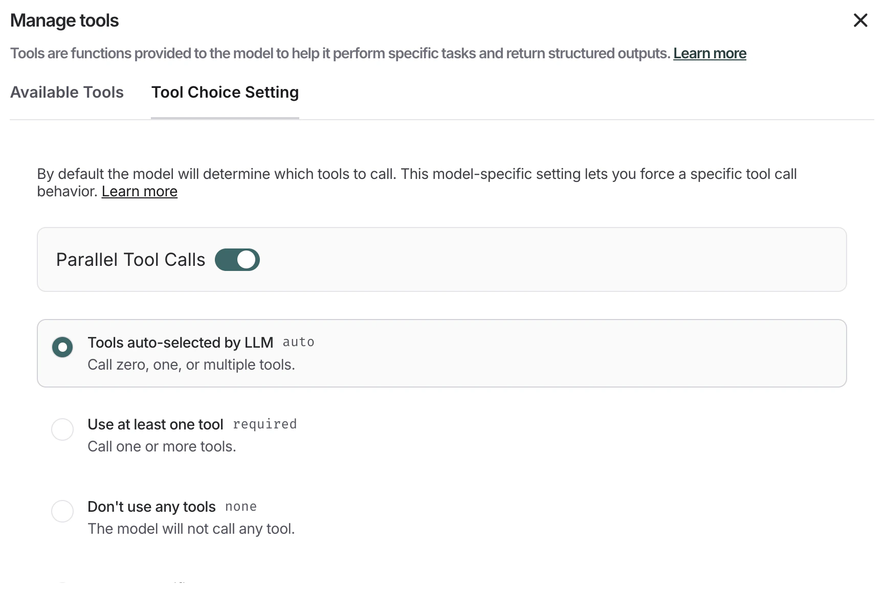 Select tools from the Tool Choice Settings tab.