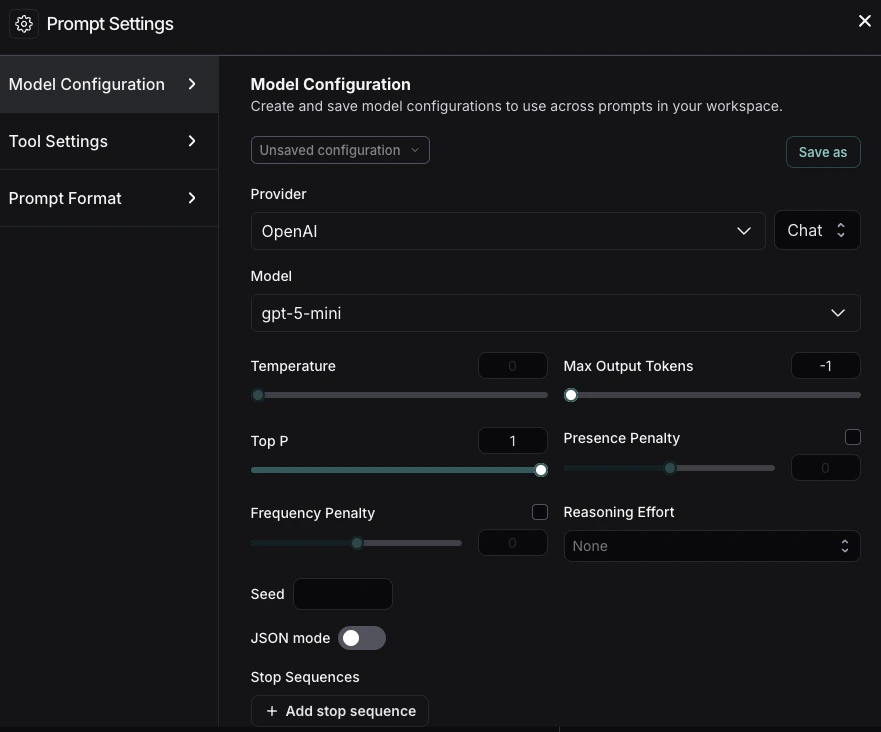 Model Configuration window in the LangSmith UI, settings for Provider, Model, Temperature, Max Output Tokens, Top P, Presence Penalty, Frequency Penalty, Reasoning Effort, etc.