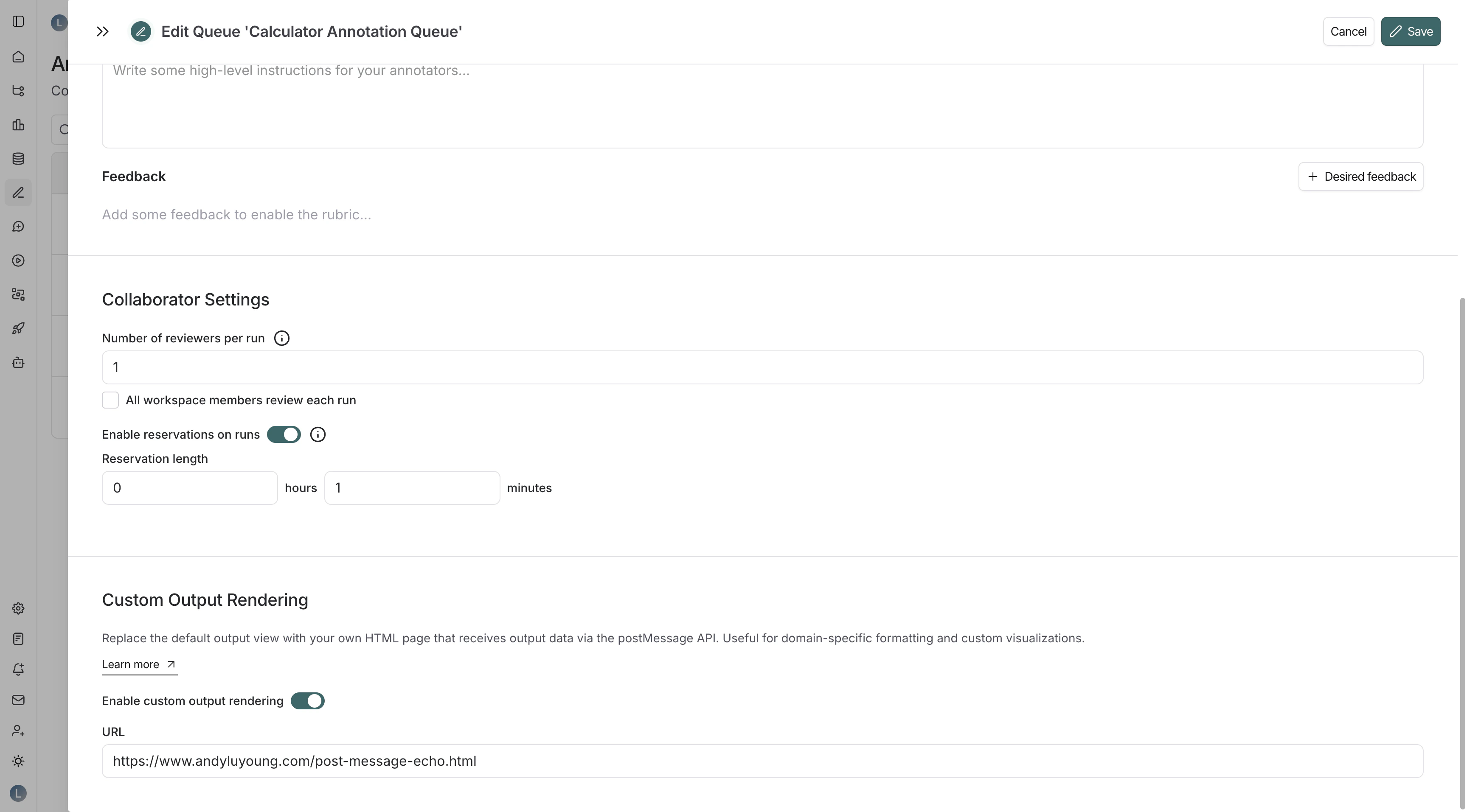 Annotation queue settings showing custom output rendering configuration