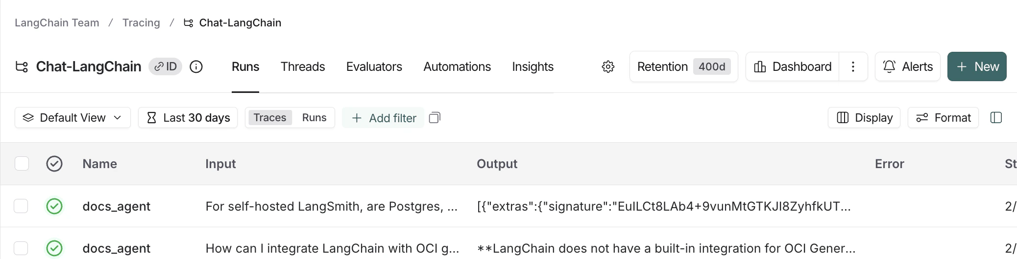 LangSmith filter bar showing view dropdown, time range selector, traces/runs toggle, and add filter button