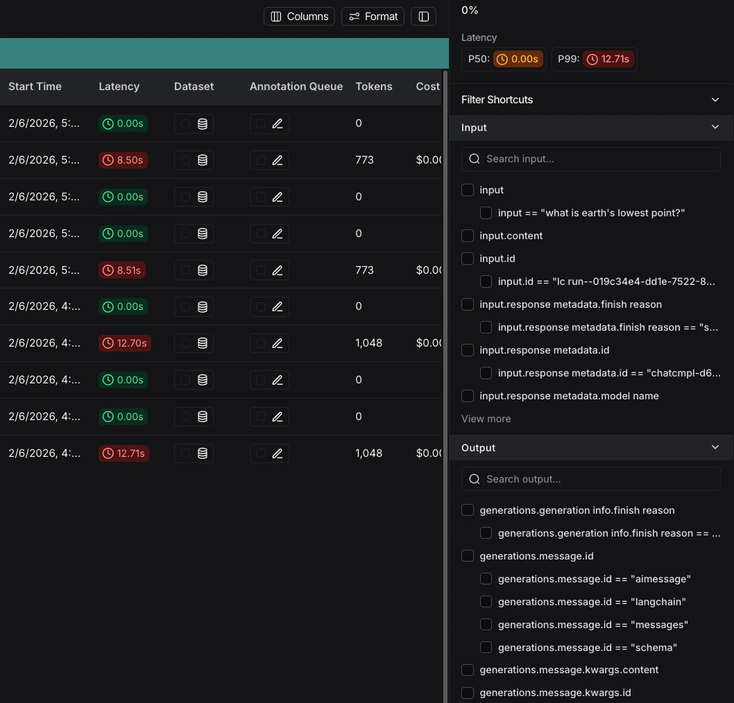 LangSmith filter shortcuts sidebar showing quick access filters for common run attributes