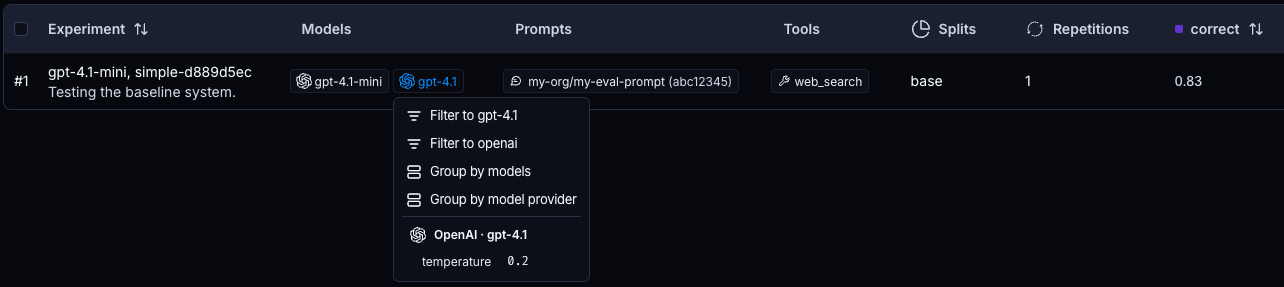 The Experiments tab view with metadata columns for models, prompts, and tools.