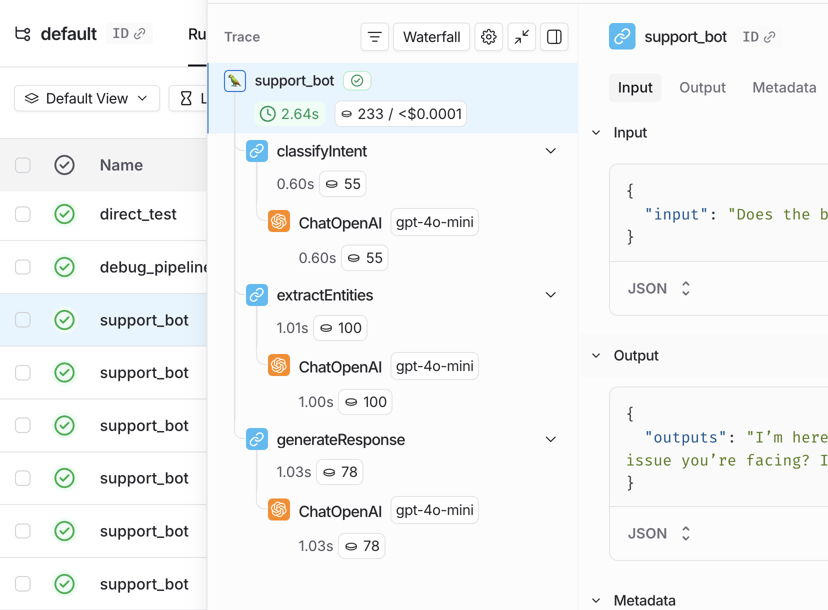 Trace with individual runs in the LangSmith UI.