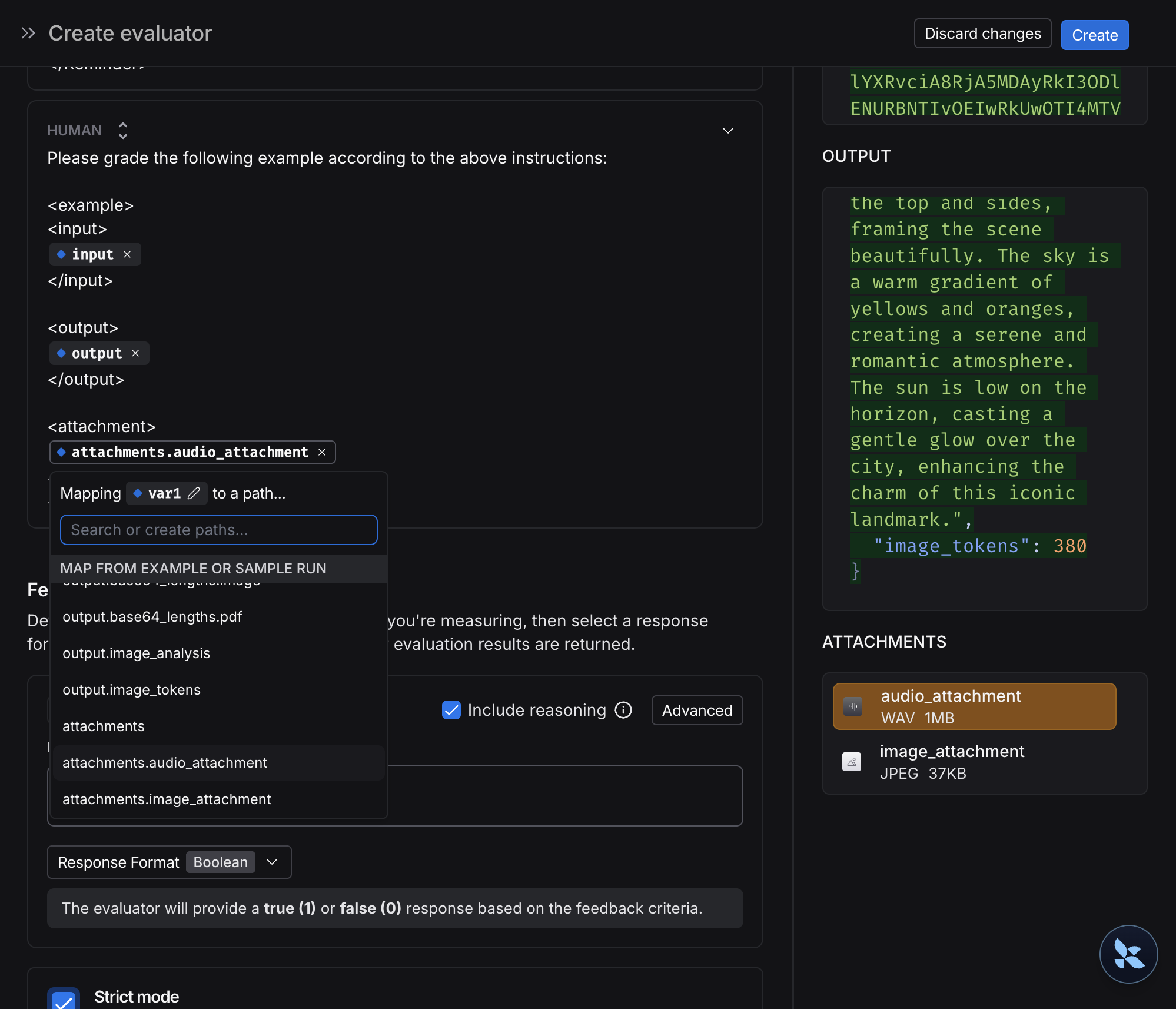 Create evaluator modal with an audio attachment selected for output variable.