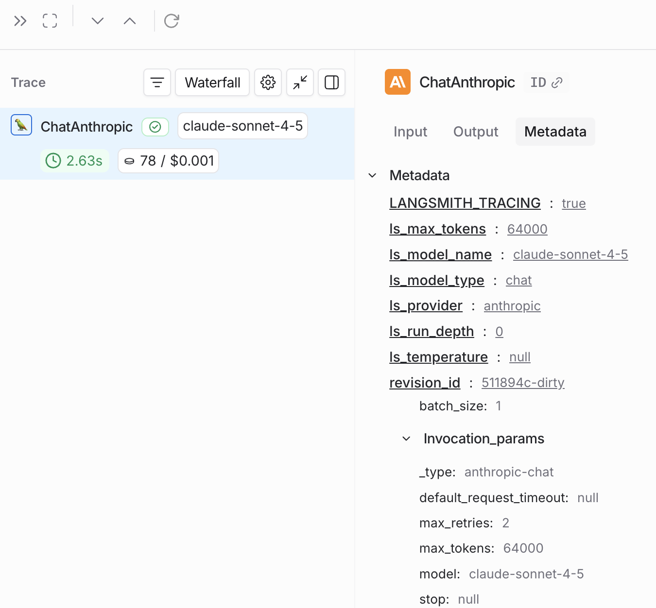 Metadata for a run in the LangSmith UI.