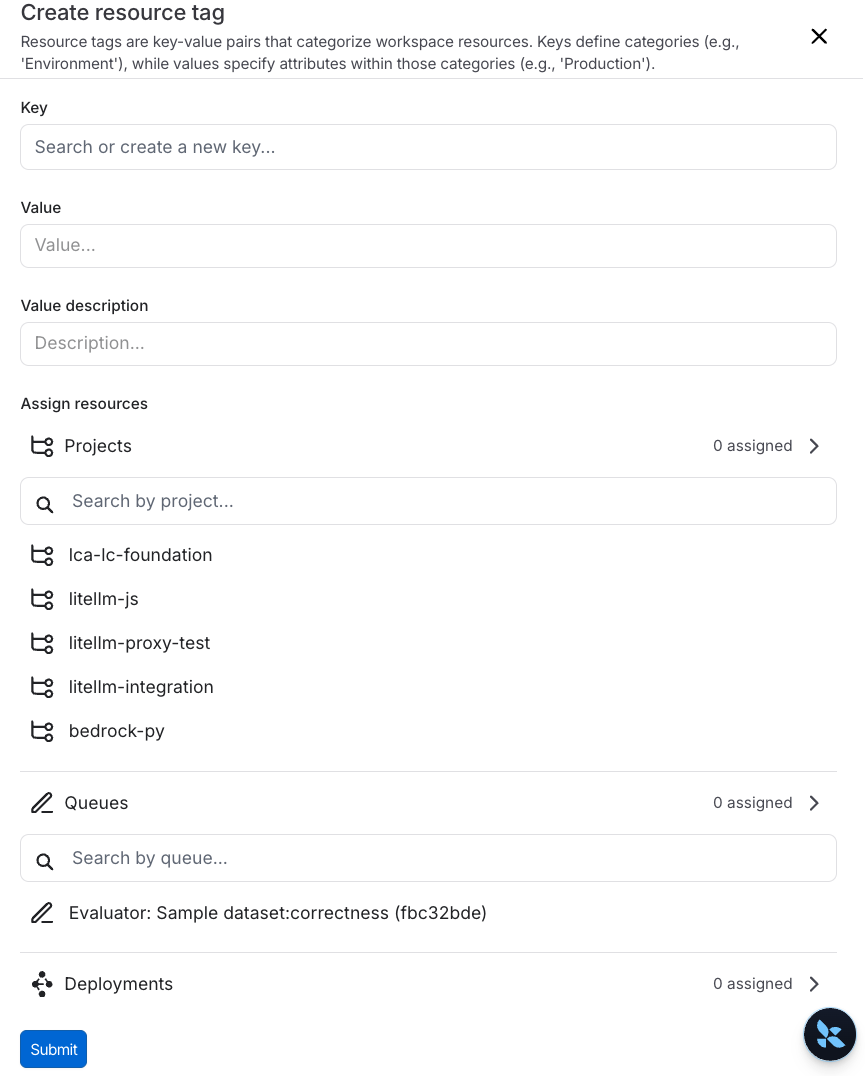 Create resource tag modal accessed from the Settings menu in the LangSmith UI.