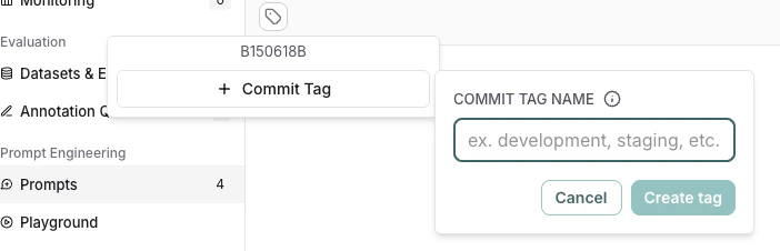 The tag, the commit tag box with the commit label, and the commit tag name box to create the tag.