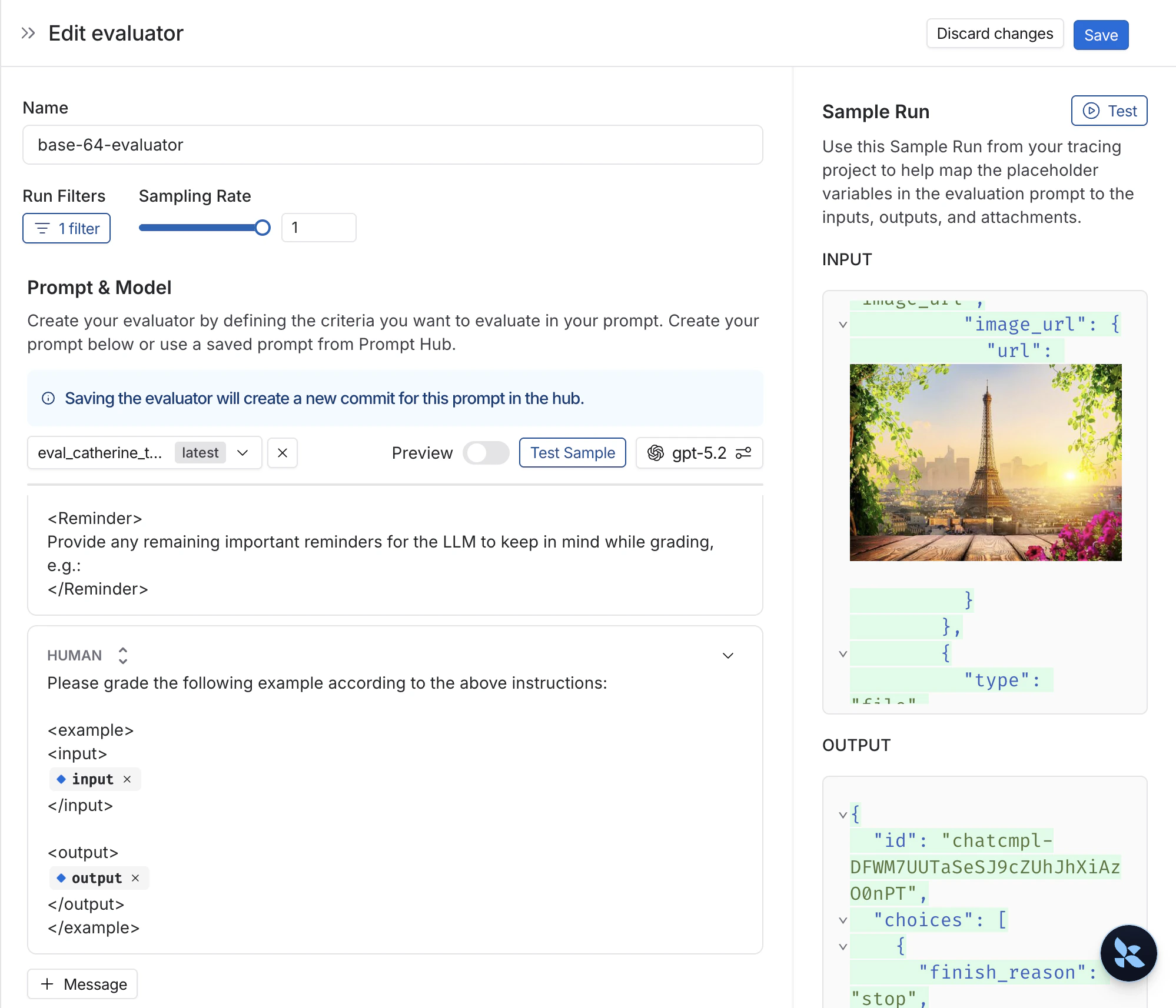 Edit evaluator modal with an image attachment selected for the input.