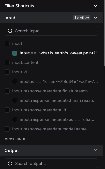 LangSmith filter shortcuts panel showing quick access to common key-value pair filters
