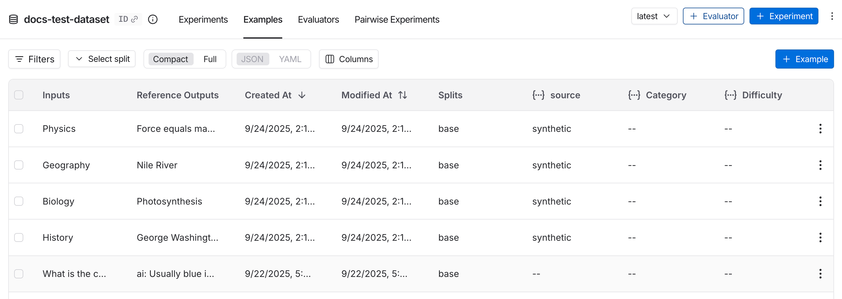 List of datasets on the Examples tab in the LangSmith UI.