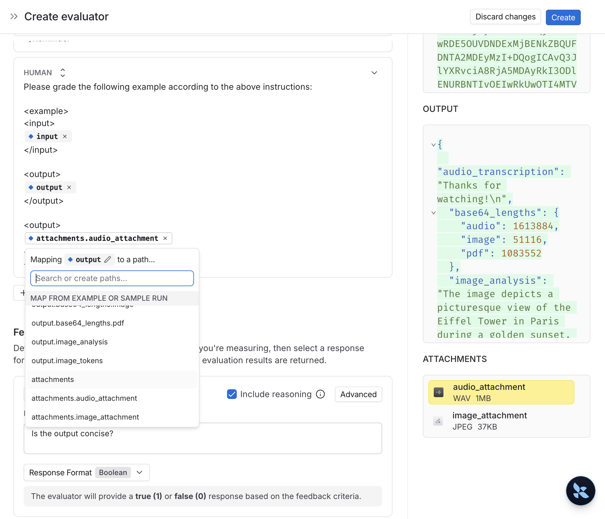 Create evaluator modal with an audio attachment selected for output variable.