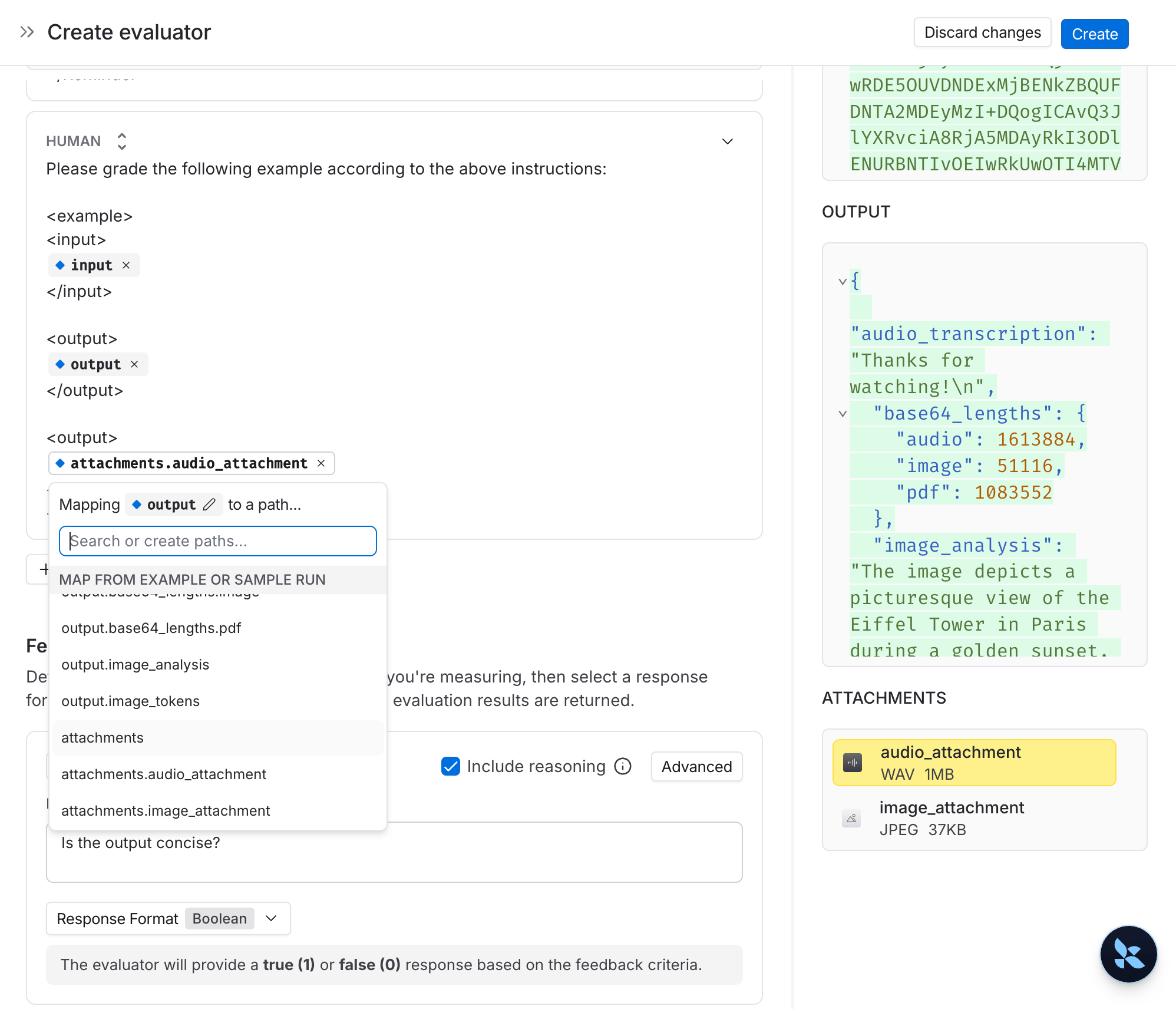 Create evaluator modal with an audio attachment selected for output variable.