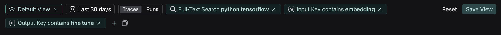 LangSmith filter bar showing full-text search and input/output filters with example search terms for python, tensorflow, embedding, fine, and tune