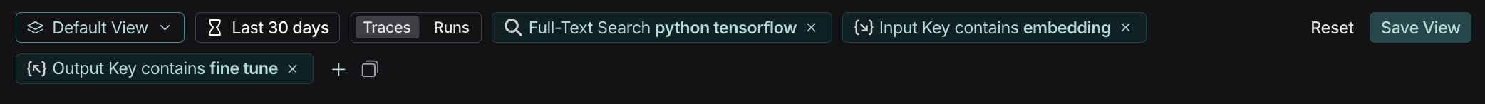 LangSmith filter bar showing full-text search and input/output filters with example search terms for python, tensorflow, embedding, fine, and tune