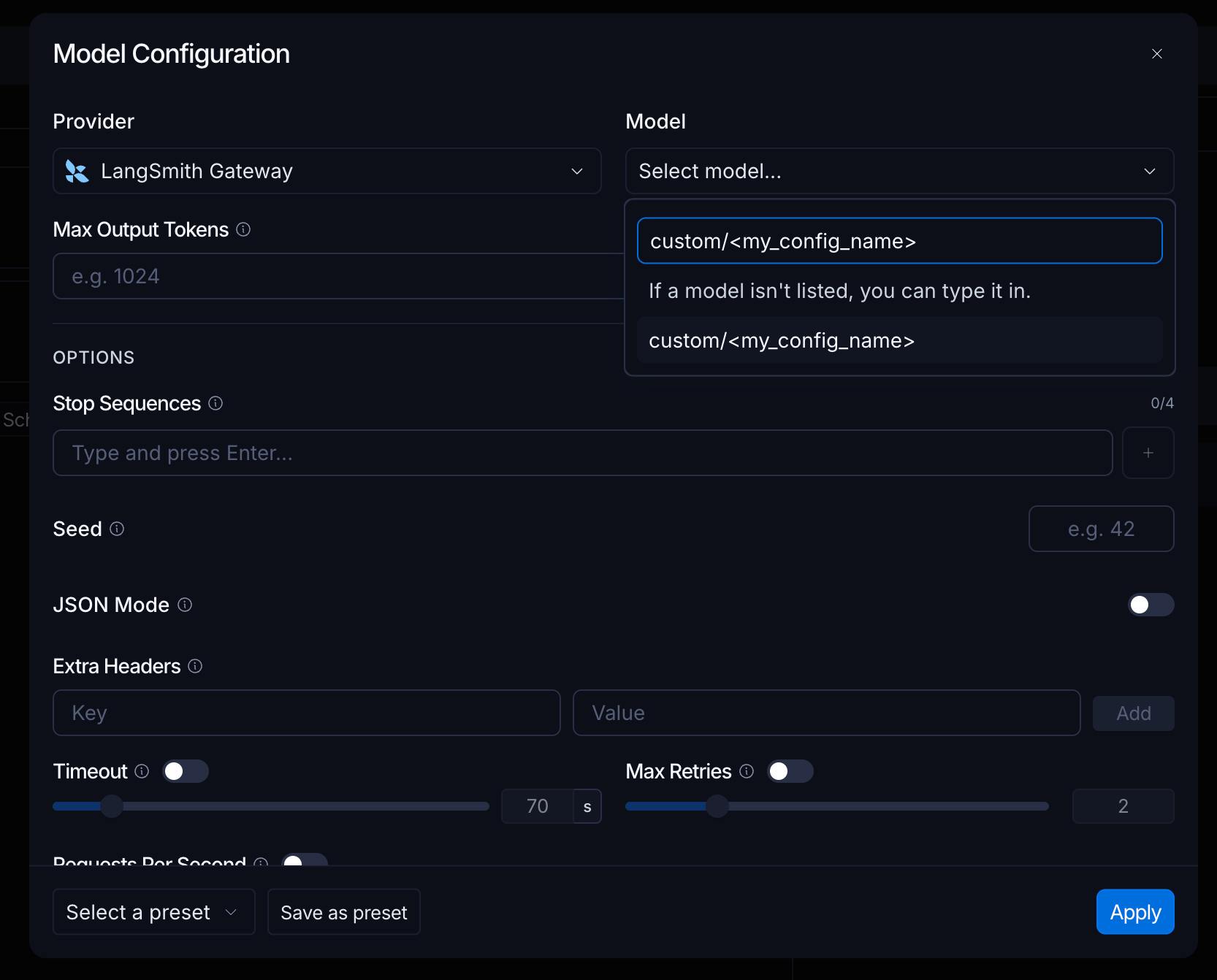 Model Configuration dialog with LangSmith Gateway selected as the provider and custom/<my_config_name> entered in the Model field.