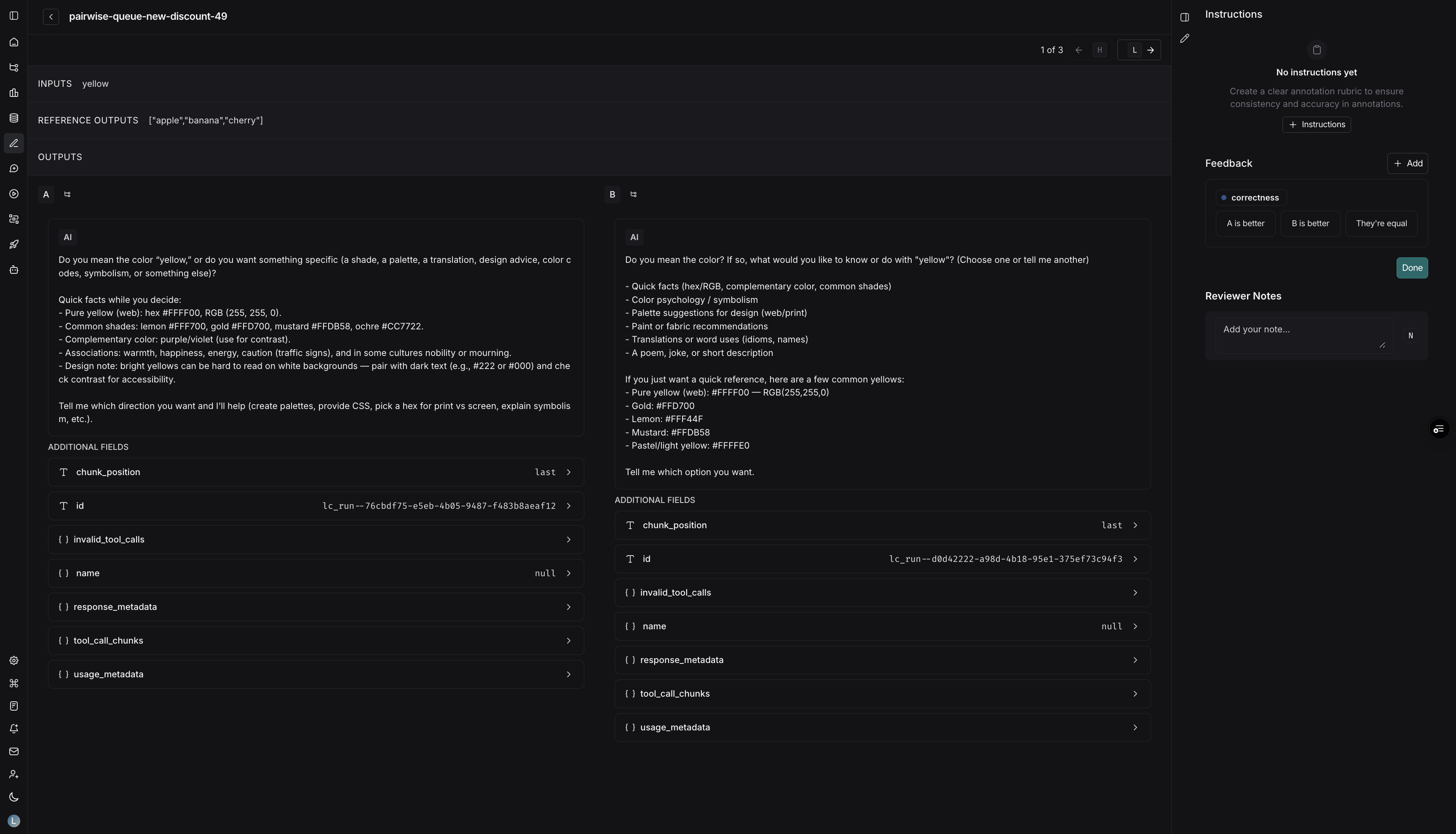 Pairwise review screen showing runs side-by-side with the feedback pane containing A/B/Equal buttons and keyboard shortcuts.
