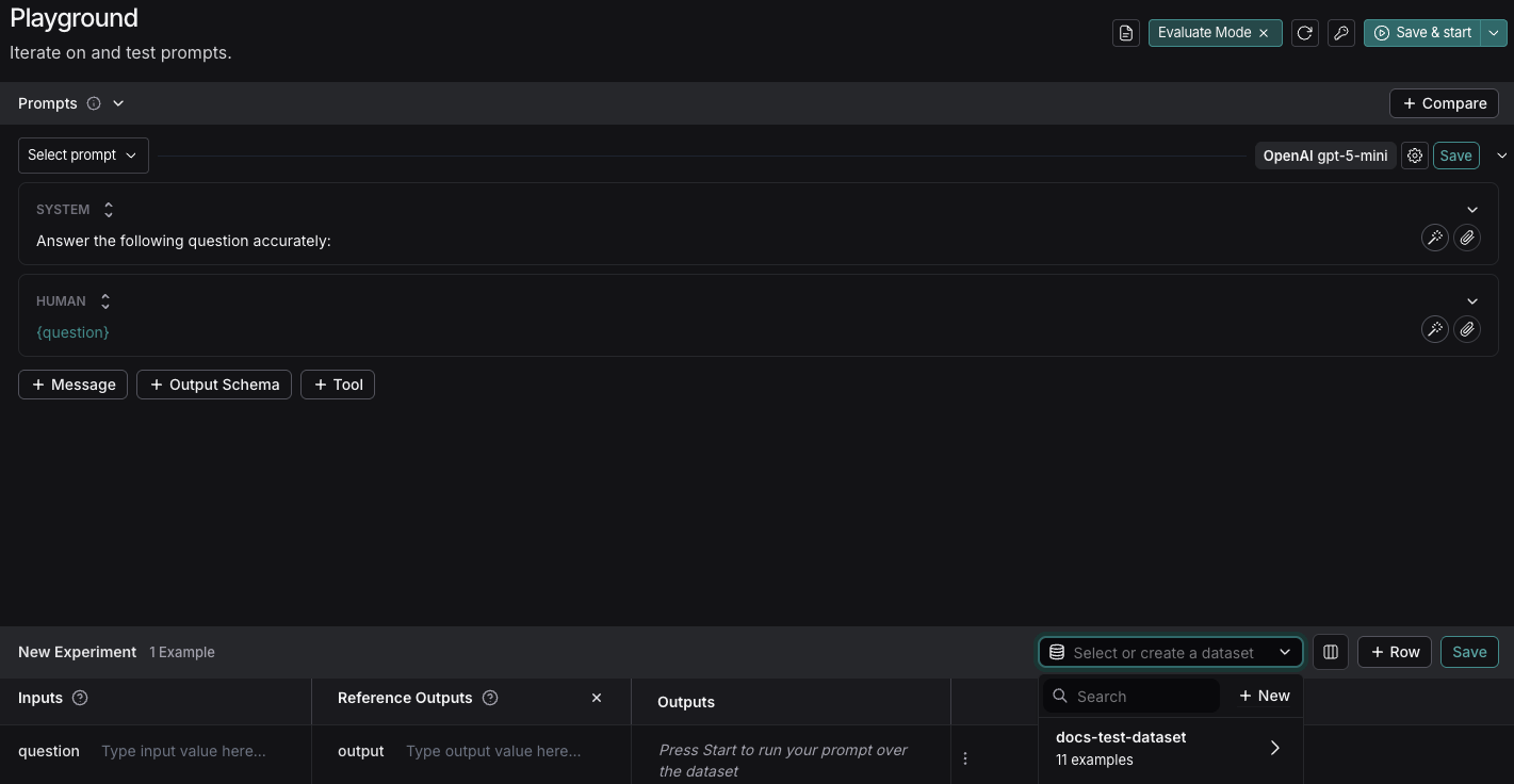 Playground with the edited system prompt and new experiment with the dropdown for creating a new dataset.