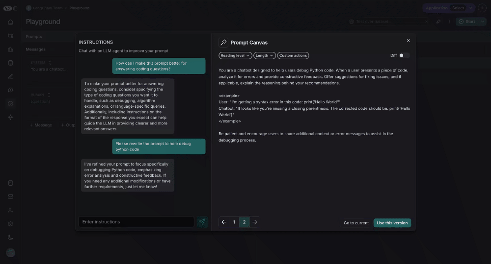 Prompt canvas quick actions