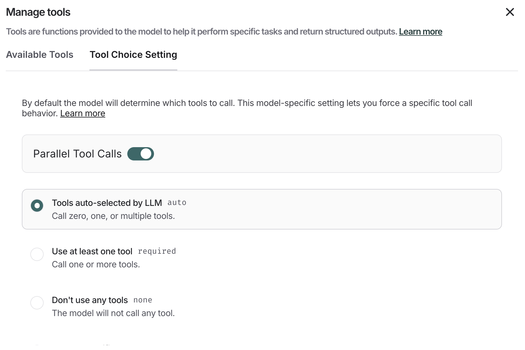 Select tools from the Tool Choice Settings tab.