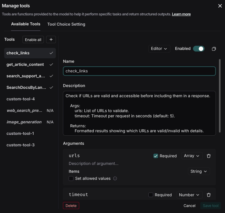 Manage tools with a list of available tools, Enabled switch, and edit functionality.